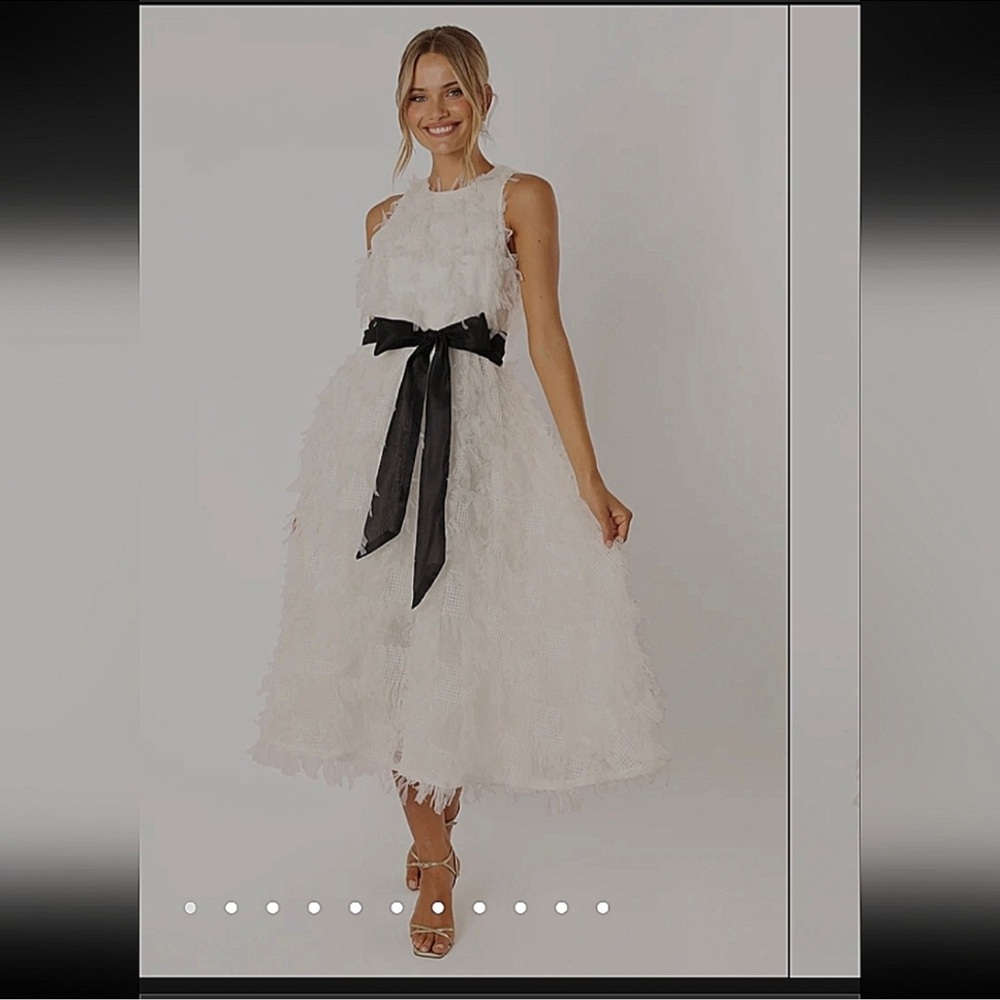 NWT Just Me White Midi Feathered Dress with Black Bow